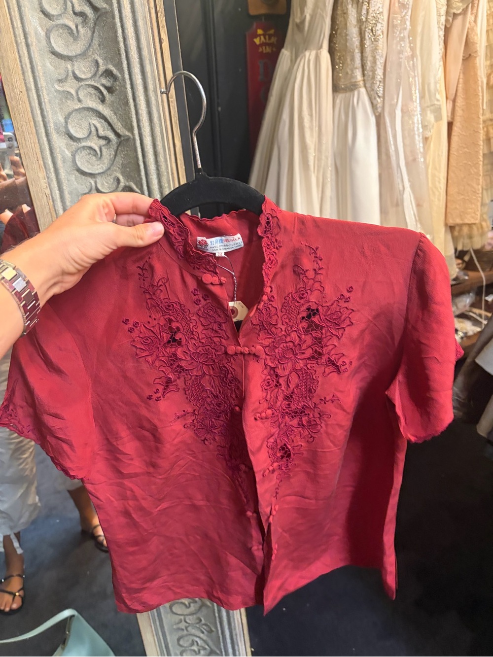 Vintage Embroidered Mandarin Collar Short-Sleeve Top in Deep Red 100% satin